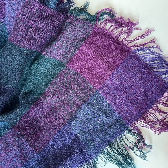 Baar and Beards Vintage Scarf Made in Japan Soft Nubby Checkered Purple Blue - Picture 10 of 11